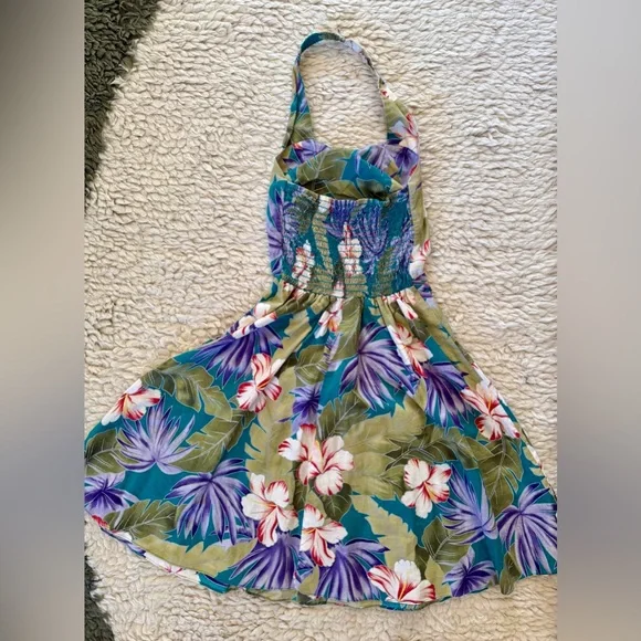 Vintage Hilo Hattie Hawaiian Print Halter Dress Green Tropical Print XS / 2 - Picture 4 of 6
